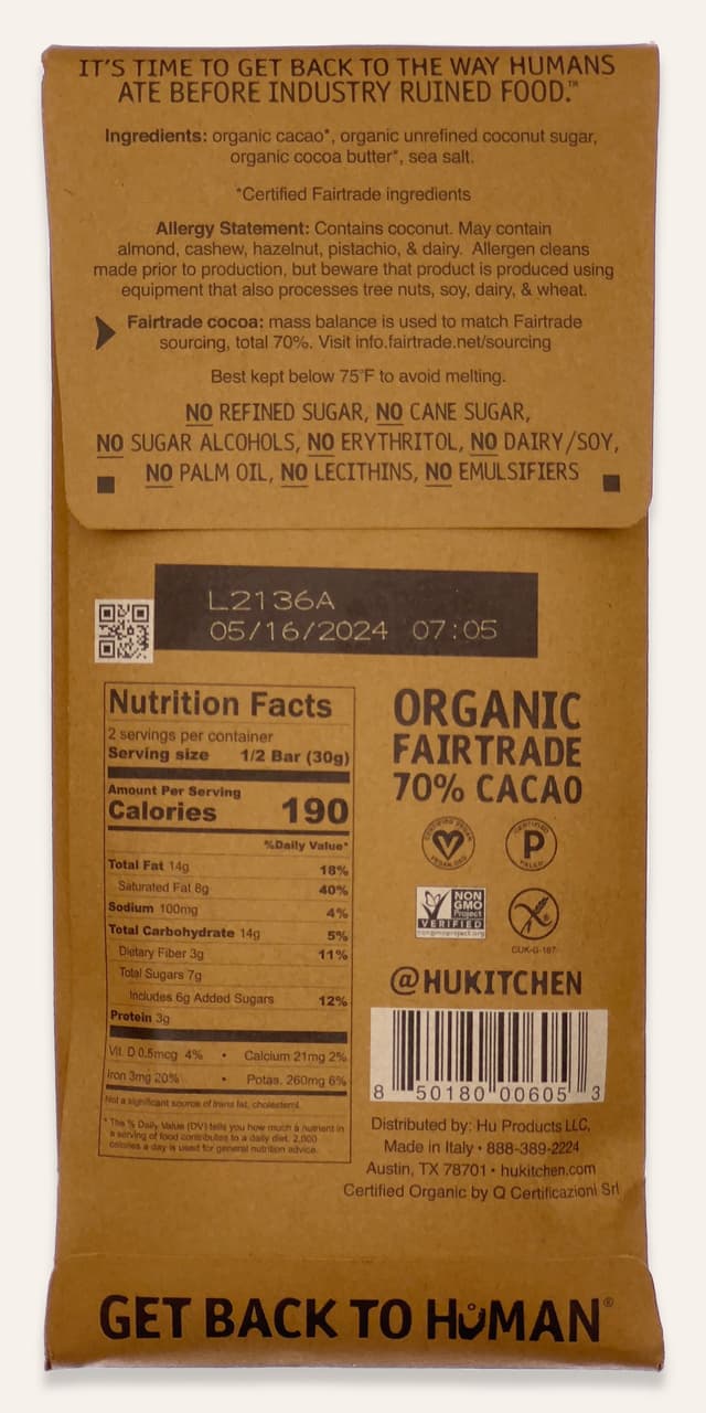 Back of Salty Dark Chocolate bar made by Hu in Italy package