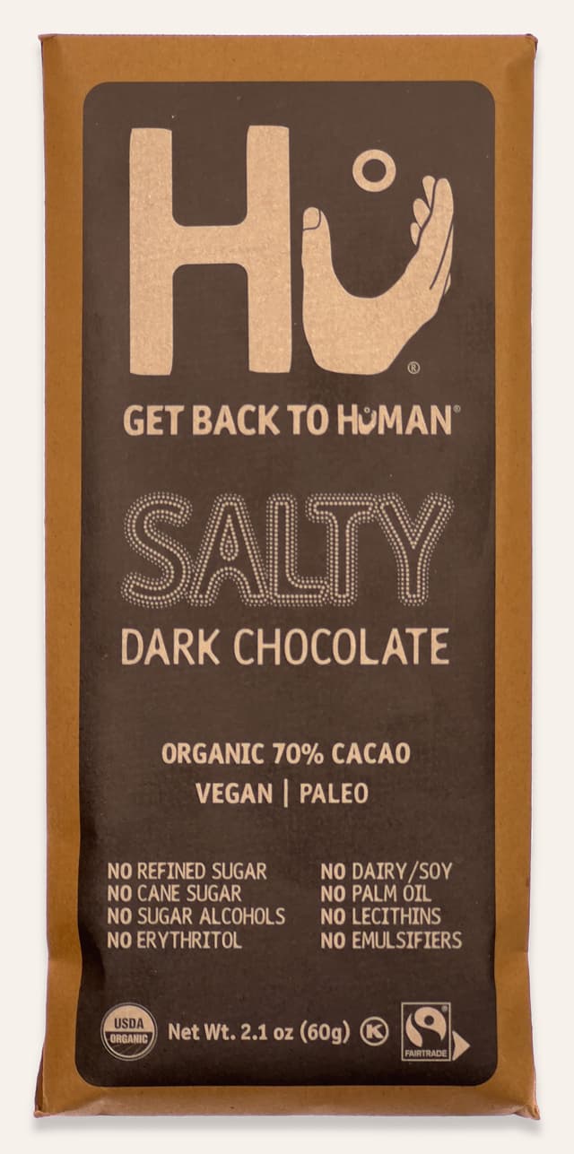 Front of Salty Dark Chocolate bar made by Hu in Italy package
