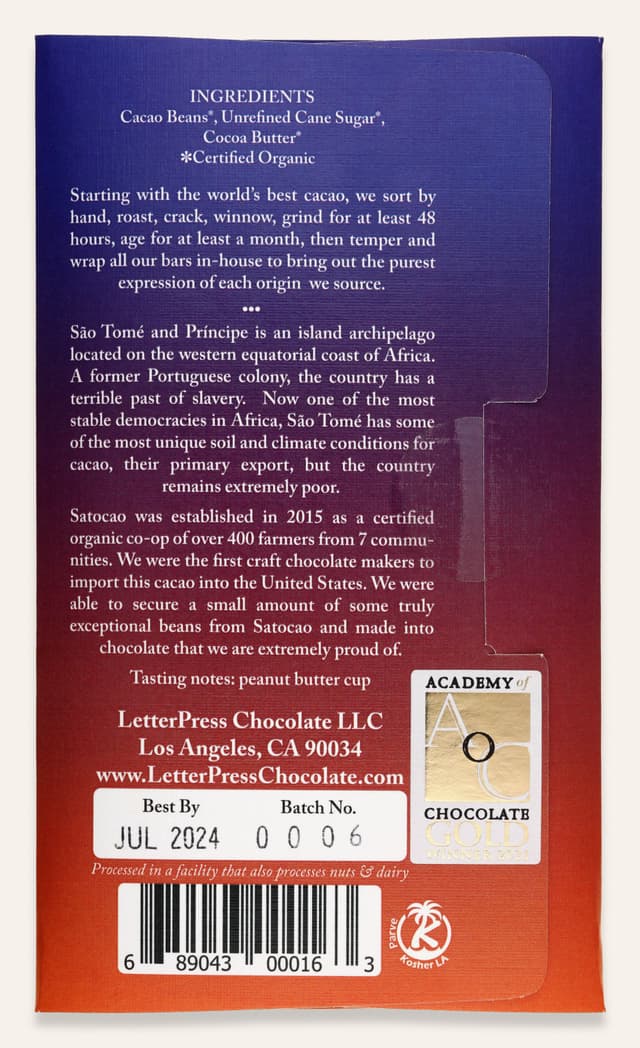 Back of São Tomé Limited Edition 70% Dark Chocolate bar made by LetterPress Chocolate in the United States package