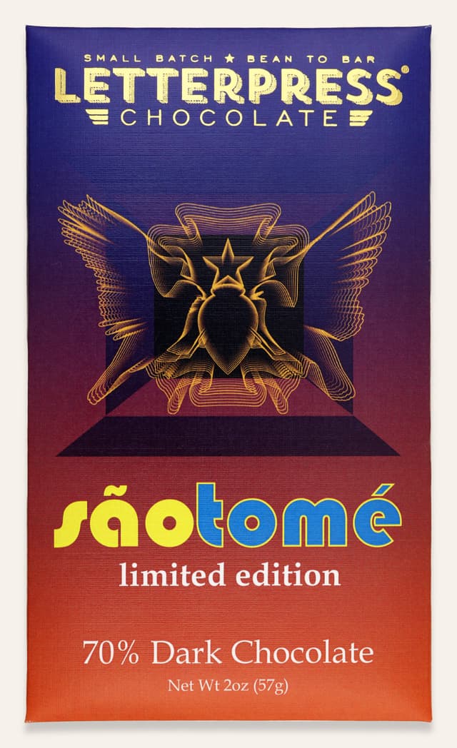 Front of São Tomé Limited Edition 70% Dark Chocolate bar made by LetterPress Chocolate in the United States package