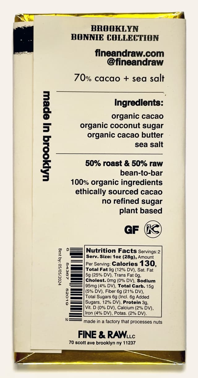 Back of Sea Salt 70% bar from Fine & Raw Chocolate package