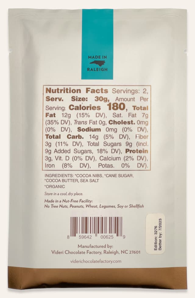 Back of Sea Salt Dark Chocolate bar made by Videri Chocolate Factory in the United States package