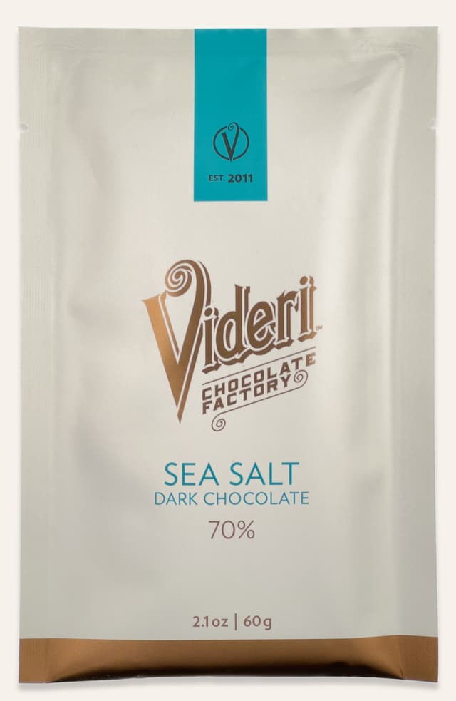 Front of Sea Salt Dark Chocolate bar made by Videri Chocolate Factory in the United States package