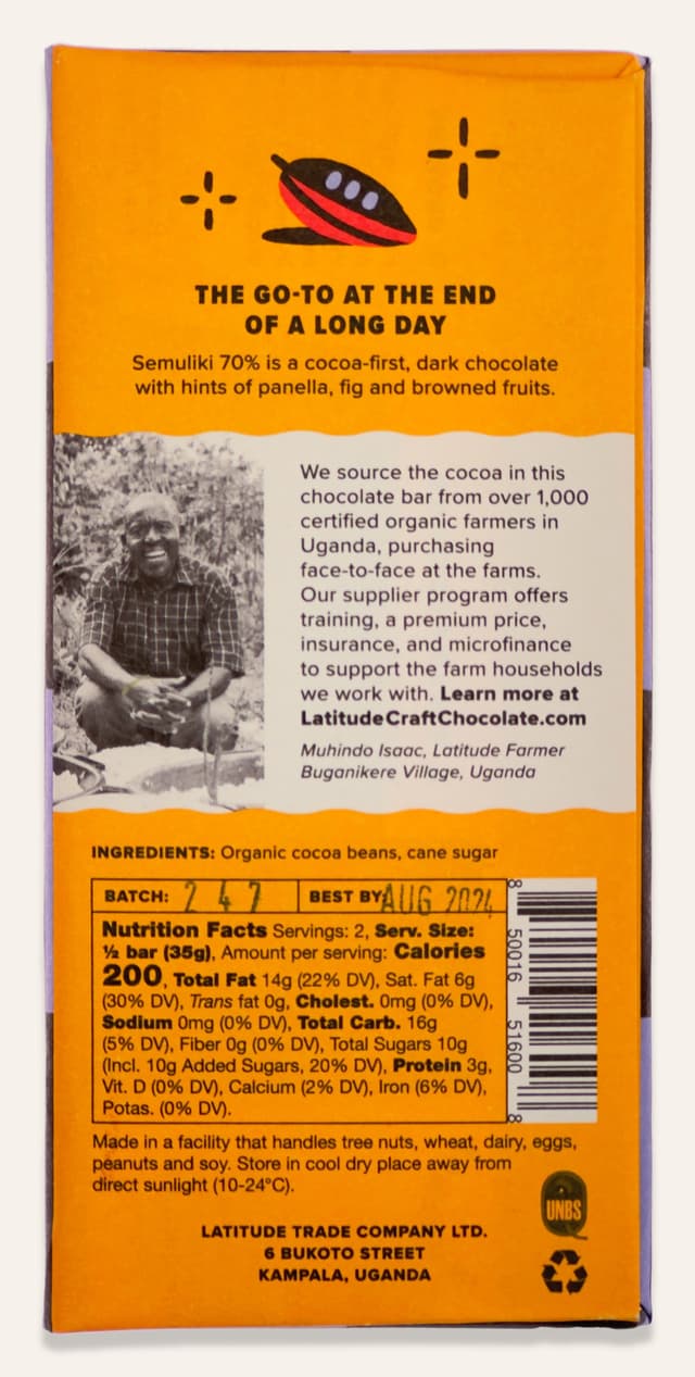 Back of Semuliki 70% bar made by Latitude Craft Chocolate package