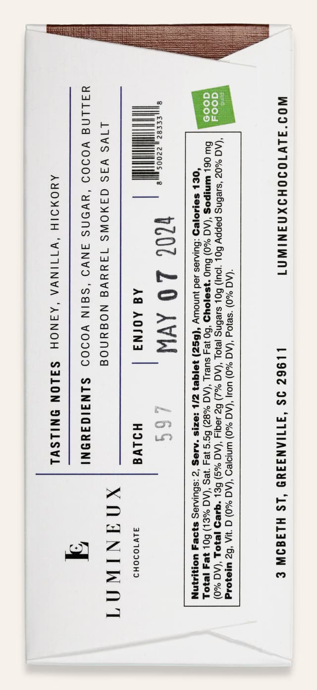 Back of Smoked Sea Salt 60% Dark Chocolate bar made by Lumineux Chocolate in the United States package