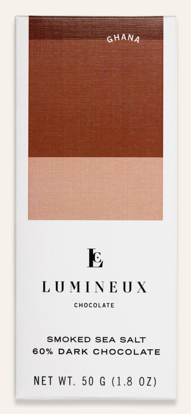 Front of Smoked Sea Salt 60% Dark Chocolate bar made by Lumineux Chocolate in the United States package