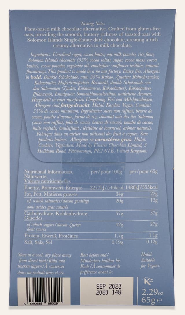 Back of Solomon Islands, Guadalcanal Oat Milk bar made by Firetree Chocolate package