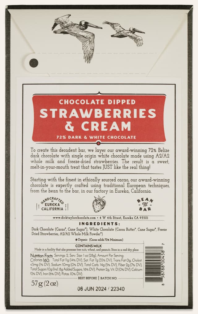 Back of Strawberries & Cream bar made by Dick Taylor in the United States package