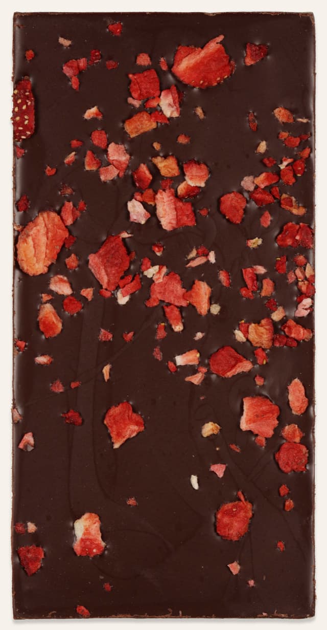 Back of Strawberry Milk Chocolate bar made by Honeymoon Chocolates in the United States