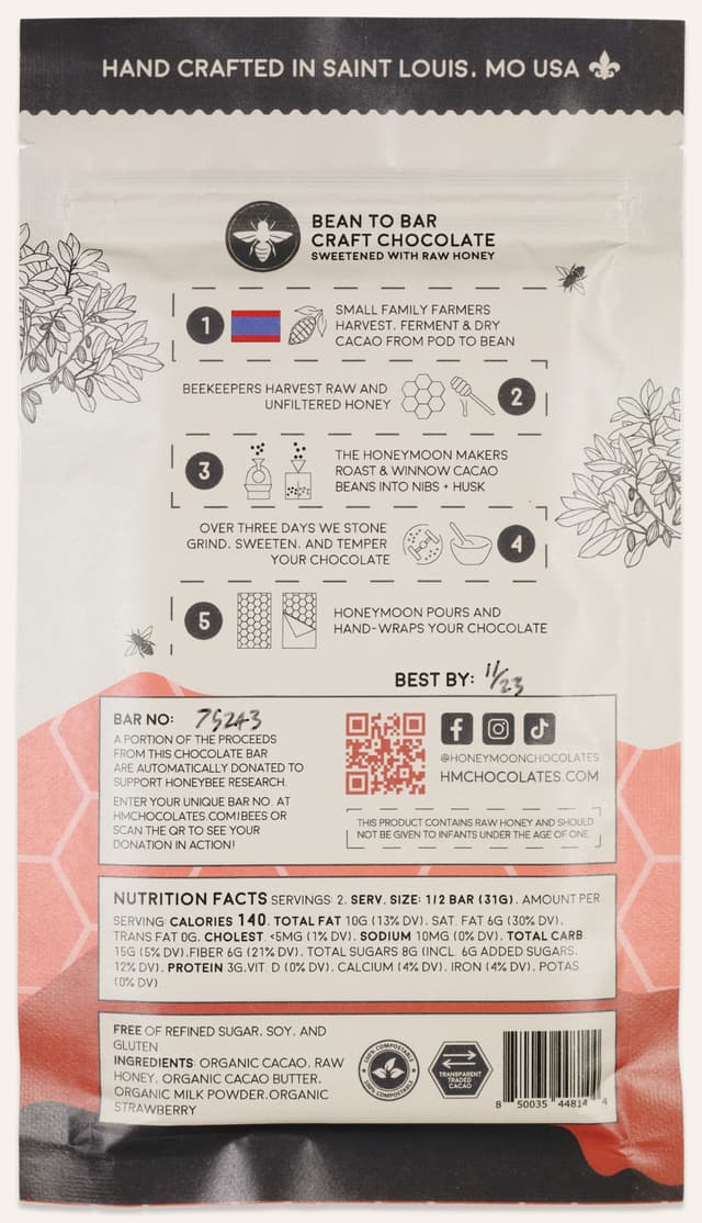 Back of Strawberry Milk Chocolate bar made by Honeymoon Chocolates in the United States package