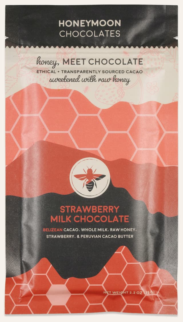 Front of Strawberry Milk Chocolate bar made by Honeymoon Chocolates in the United States package