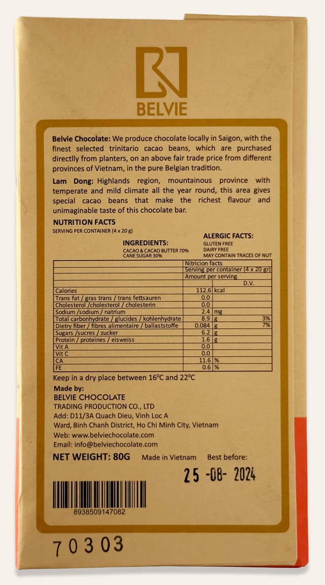 Back of Terroir of Lam Dong bar made by Belvie Chocolate package