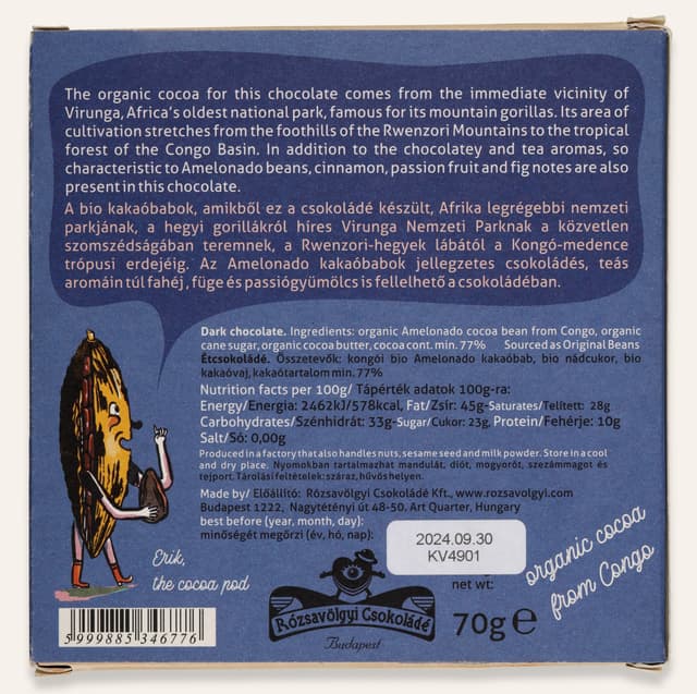 Back of The Big Gorilla Bar Virunga Congo 77% bar made by Rózsavölgyi Csokoládé in Hungary package