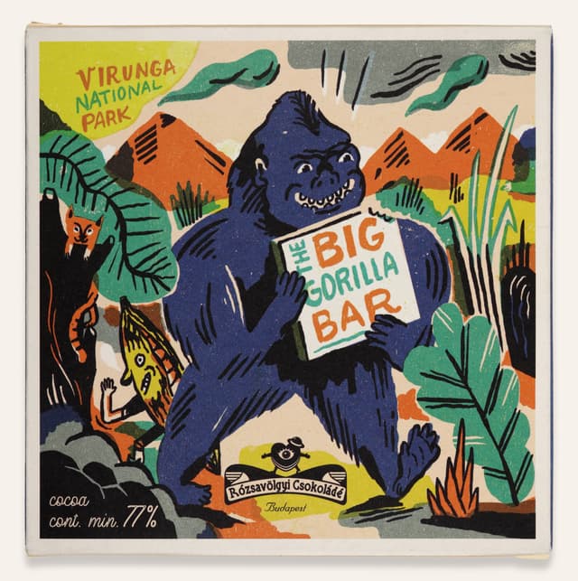 Front of The Big Gorilla Bar Virunga Congo 77% bar made by Rózsavölgyi Csokoládé in Hungary package