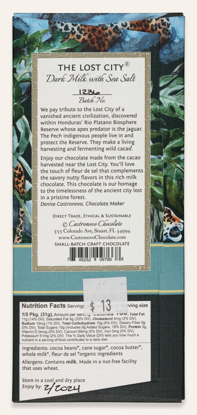 Back of The Lost City Honduras 60% Dark Milk with Sea Salt bar made by Castronovo Chocolate in the United States package