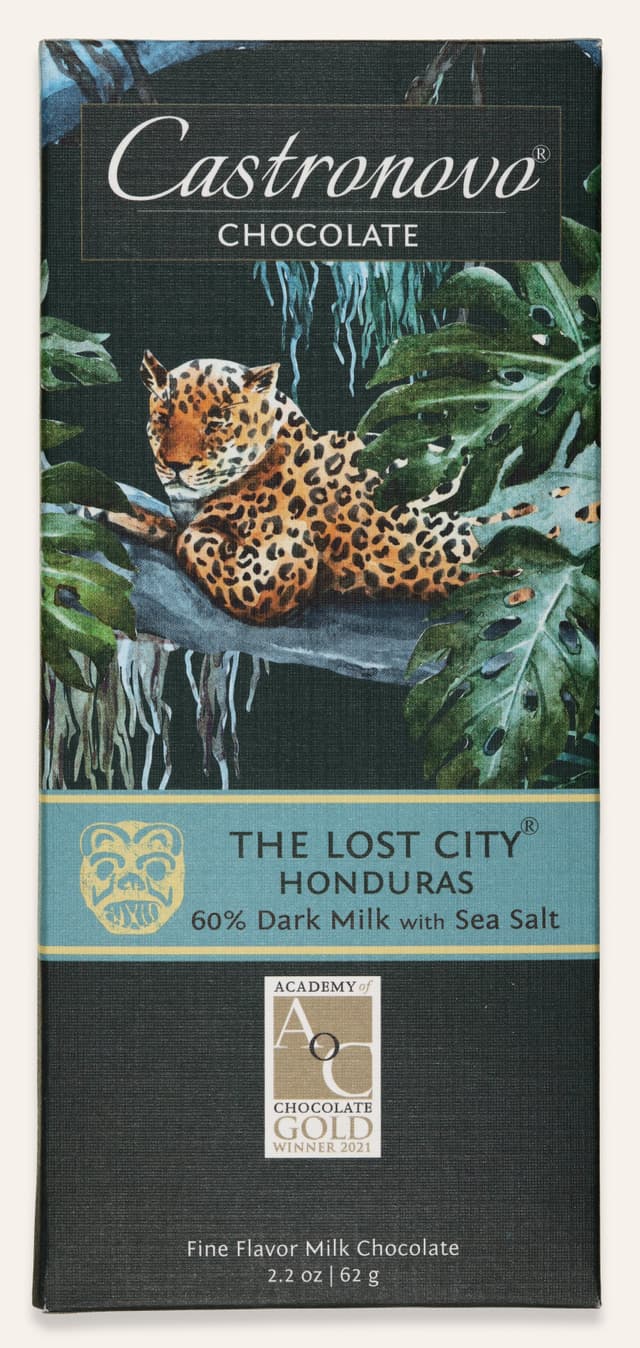 Front of The Lost City Honduras 60% Dark Milk with Sea Salt bar made by Castronovo Chocolate in the United States package