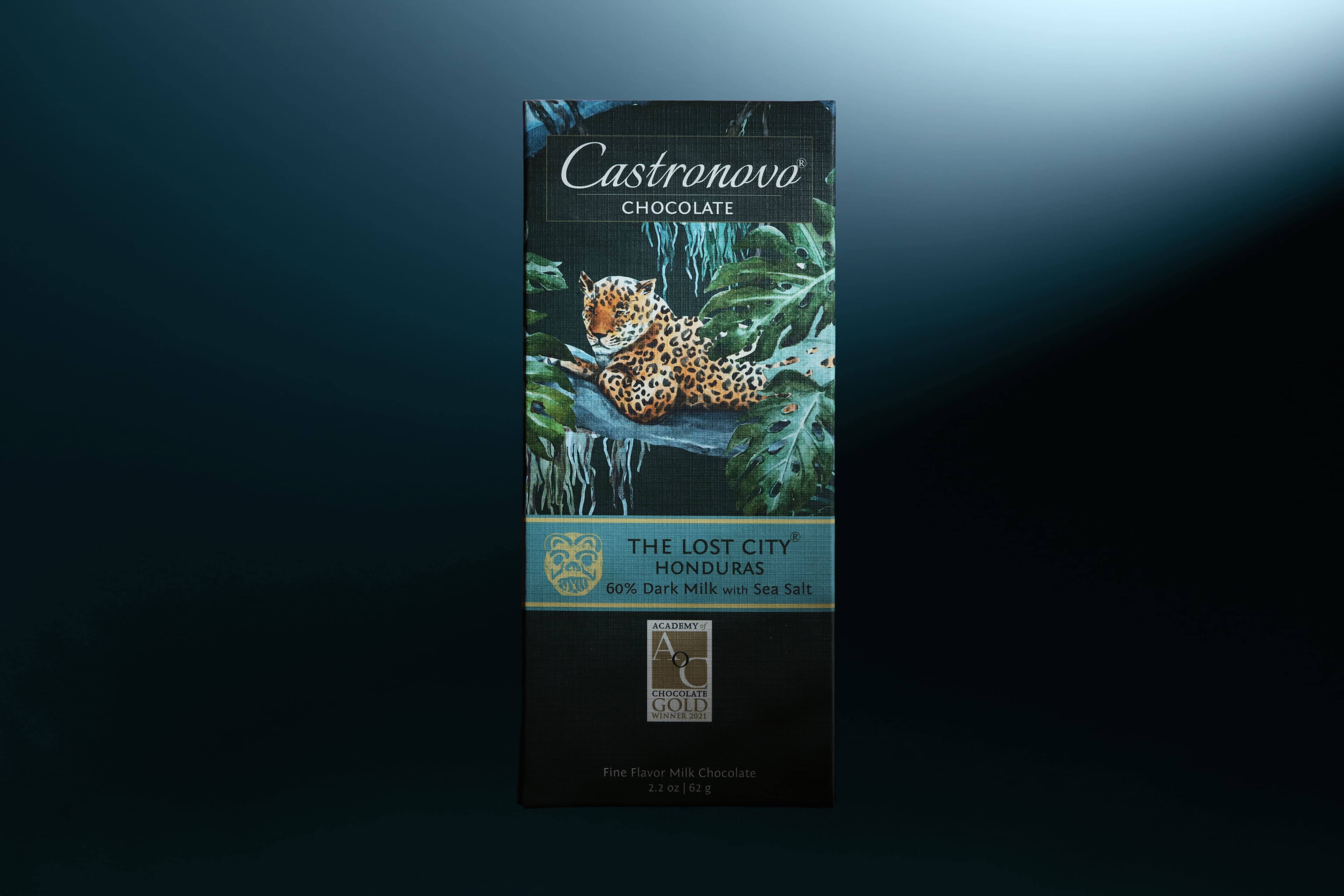 The Lost City Honduras 60% Dark Milk with Sea Salt bar made by Castronovo Chocolate in the United States on a moody dark background