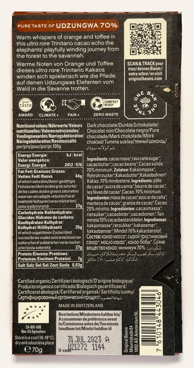 Back of Udzungwa 70% with Nibs Organic Vegan Dark bar from Original Beans package