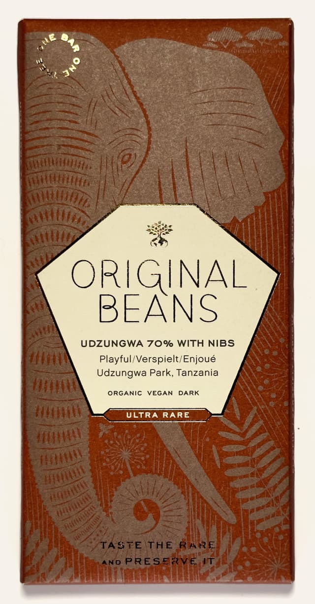Front of Udzungwa 70% with Nibs Organic Vegan Dark bar from Original Beans package