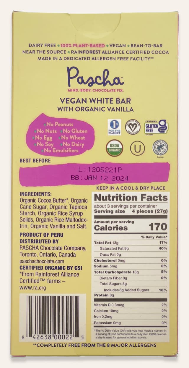 Back of Vegan White Bar With Organic Vanilla bar made by Pascha Chocolate Co in Peru package
