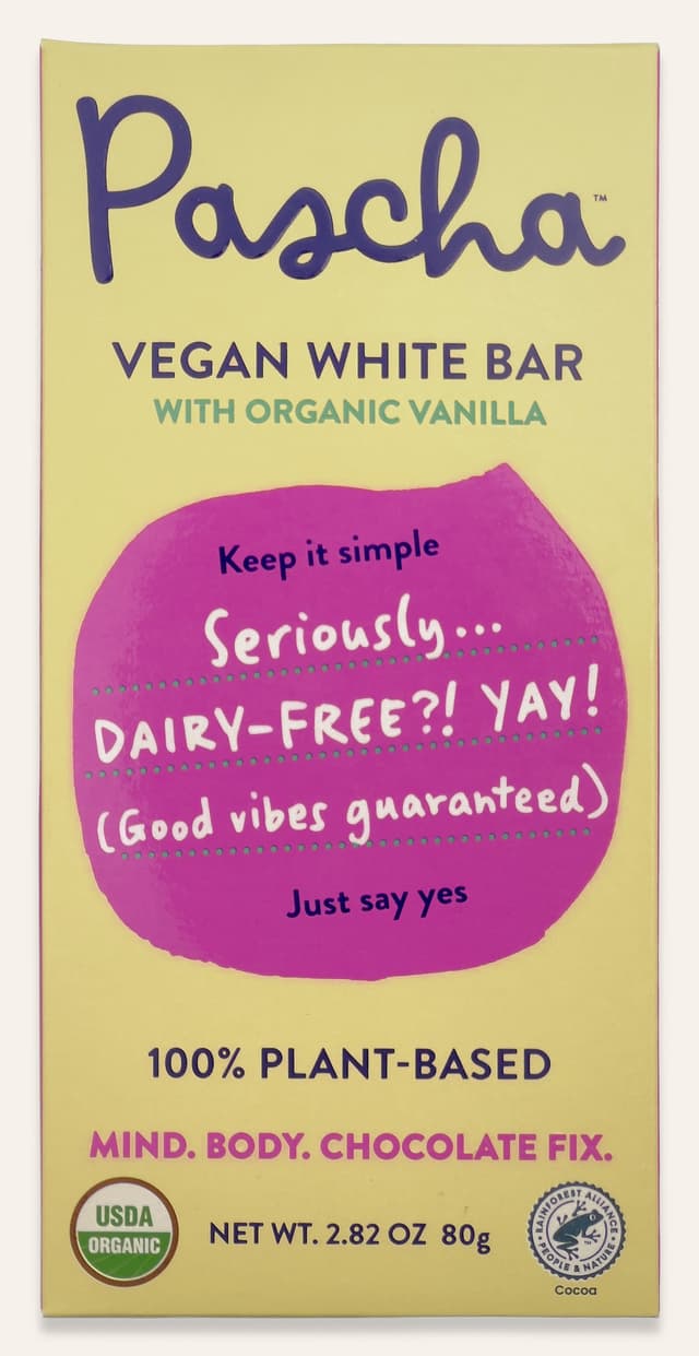 Front of Vegan White Bar With Organic Vanilla bar made by Pascha Chocolate Co in Peru package