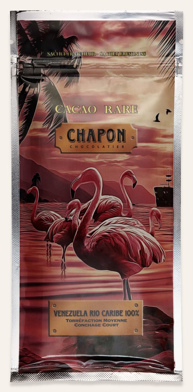 Front of Venezuela Rio Caribe 100% bar made by Chapon Chocolatier in France package