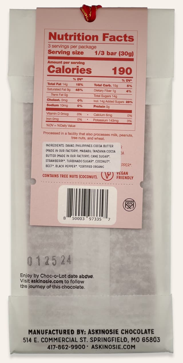 Back of (White) Chocolate Covered Strawberry bar made by Askinosie Chocolate in the United States package
