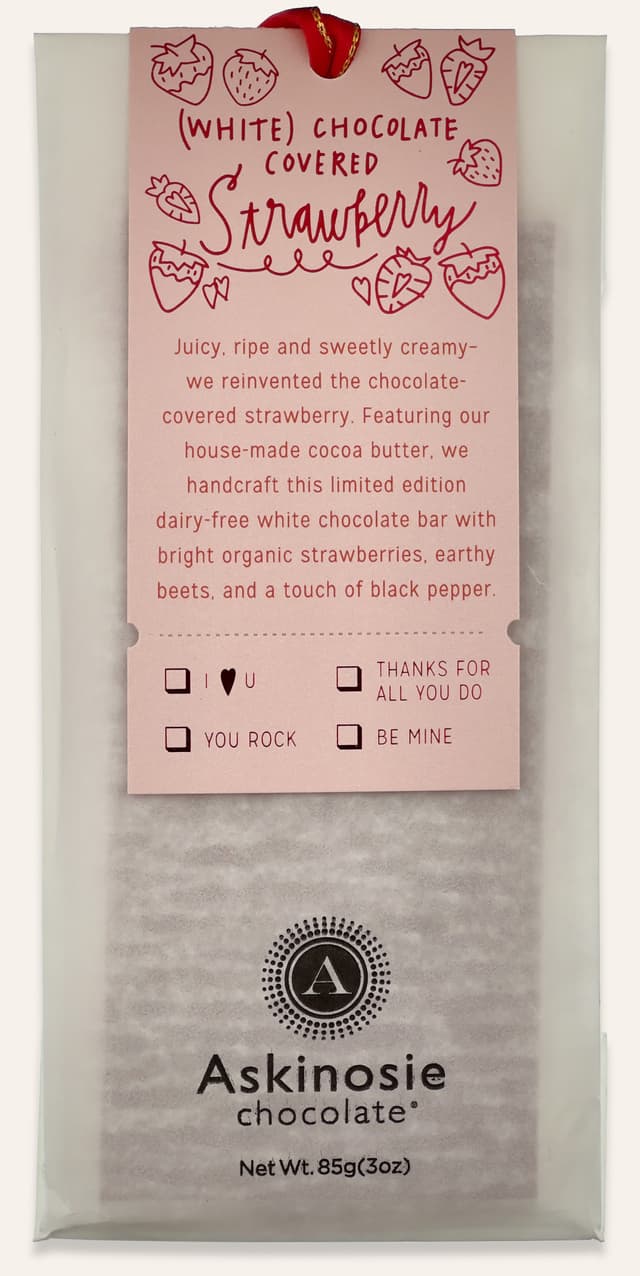 Front of (White) Chocolate Covered Strawberry bar made by Askinosie Chocolate in the United States package