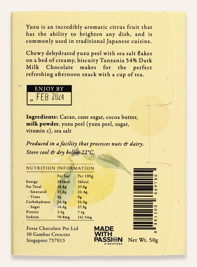 Back of Yuzu Sea Salt bar made by Fossa Chocolate in Singapore package