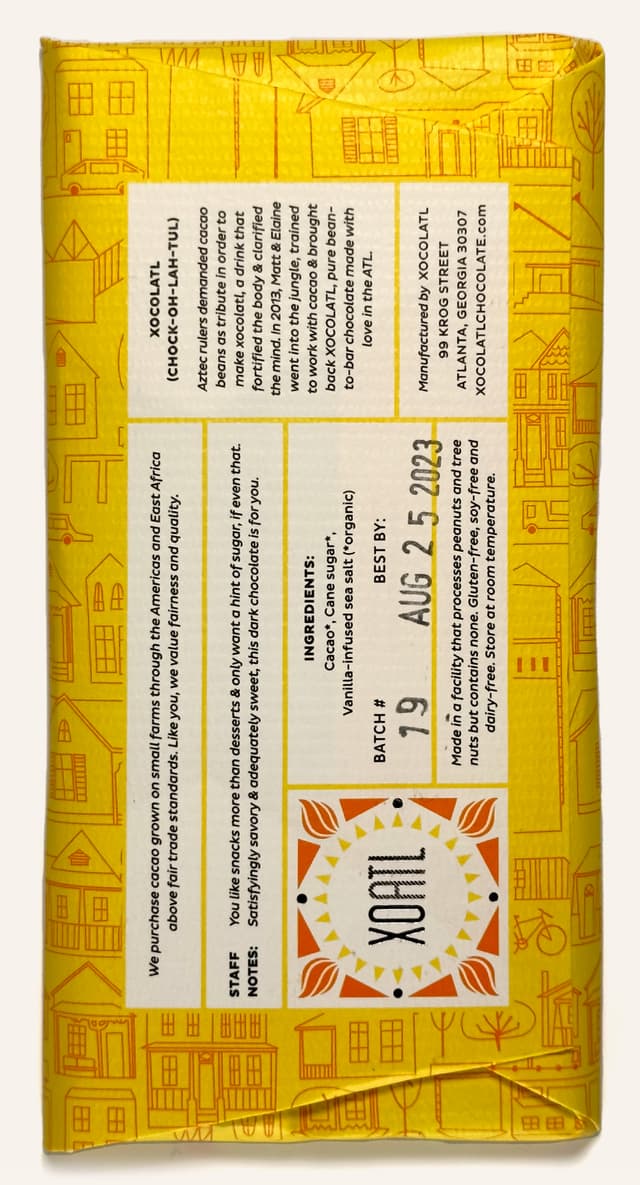 Back of Dark & Salty Dark Chocolate & Vanilla-Infused Sea Salt bar from Xocolatl Small Batch Chocolate package
