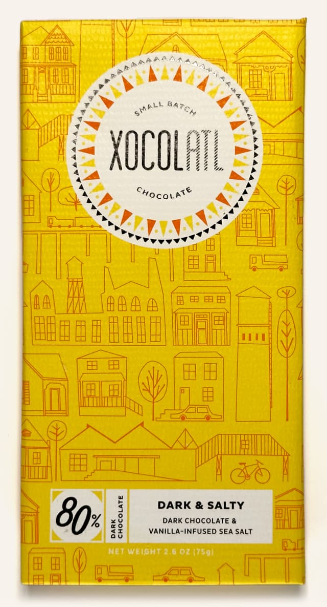 Front of Dark & Salty Dark Chocolate & Vanilla-Infused Sea Salt bar from Xocolatl Small Batch Chocolate package