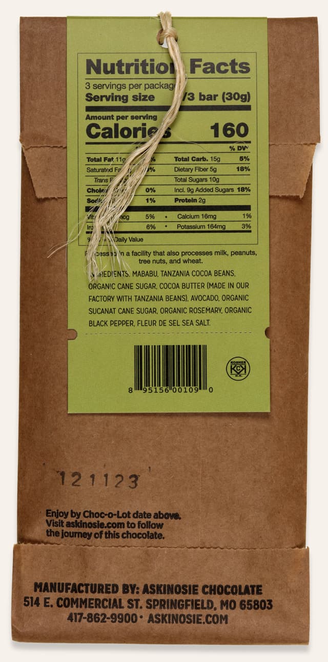 Back of Dark Chocolate + Avocado & Rosemary Heath Ceramics Collabaration Bar bar made by Askinosie Chocolate in the United States package