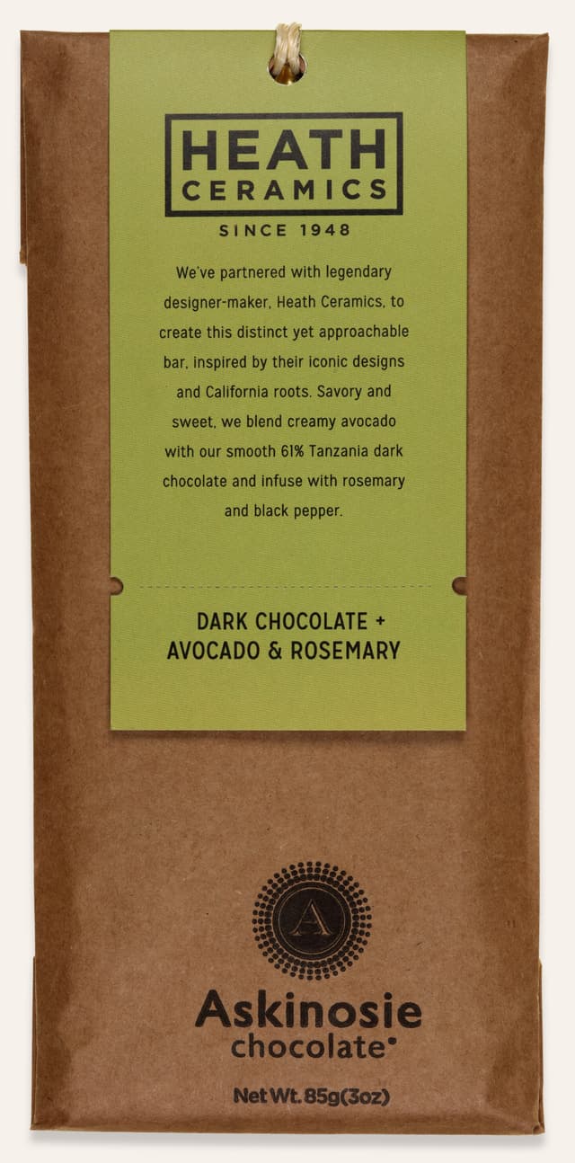 Front of Dark Chocolate + Avocado & Rosemary Heath Ceramics Collabaration Bar bar made by Askinosie Chocolate in the United States package