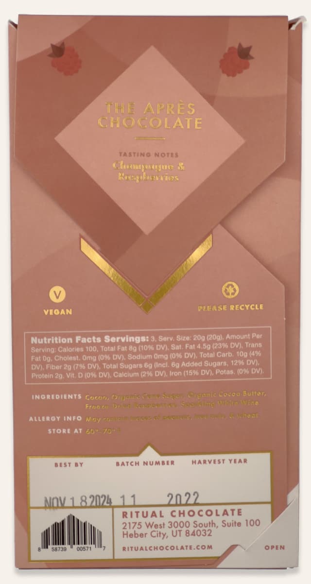 Back of The Après Chocolate Sparkling White Wine Infused Chocolate With Dried Raspberries bar made by Ritual Chocolate in the United States package