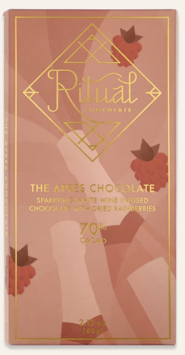 Front of The Après Chocolate Sparkling White Wine Infused Chocolate With Dried Raspberries bar made by Ritual Chocolate in the United States package