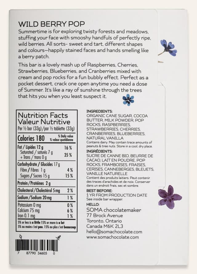 Back of Wild Berry Pop White Chocolate with Berries and Pop Rocks bar made by SOMA Chocolatemaker in Canada package