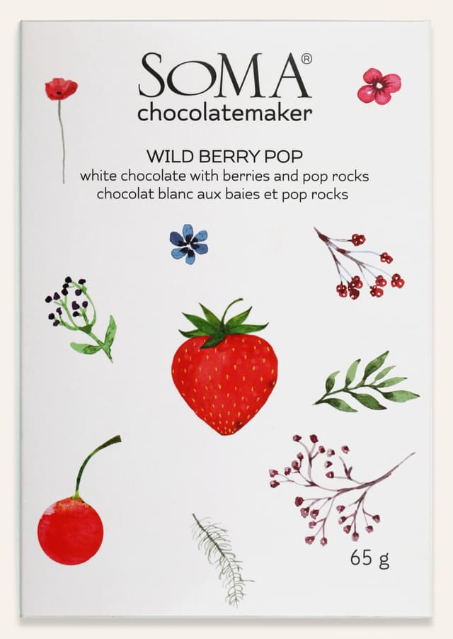 Front of Wild Berry Pop White Chocolate with Berries and Pop Rocks bar made by SOMA Chocolatemaker in Canada package